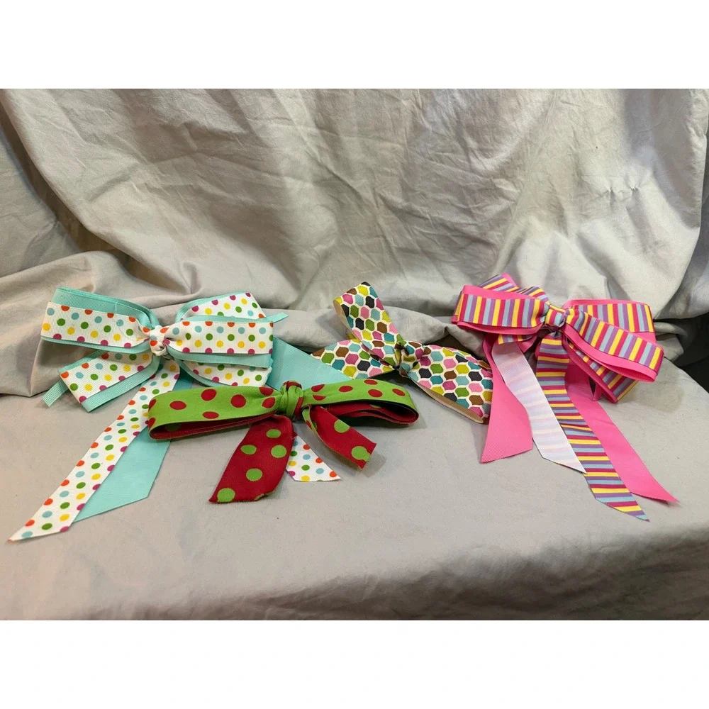 Unfinshed Lot of 4 Colorful Hair Bows Polka Dot Striped Geometric NEED CLIPS